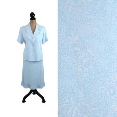 90s Light Blue Skirt Suit Women Medium, Spring Summer Damask Pleated Ruffle Hem A Line Midi Skirt & Jacket Short Sleeve Vintage Clothing 