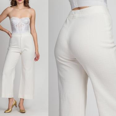 70s White High Waist Flared Pants - Extra Small, 25&quot; | Vintage Textured Bootcut Retro Boho Trousers 