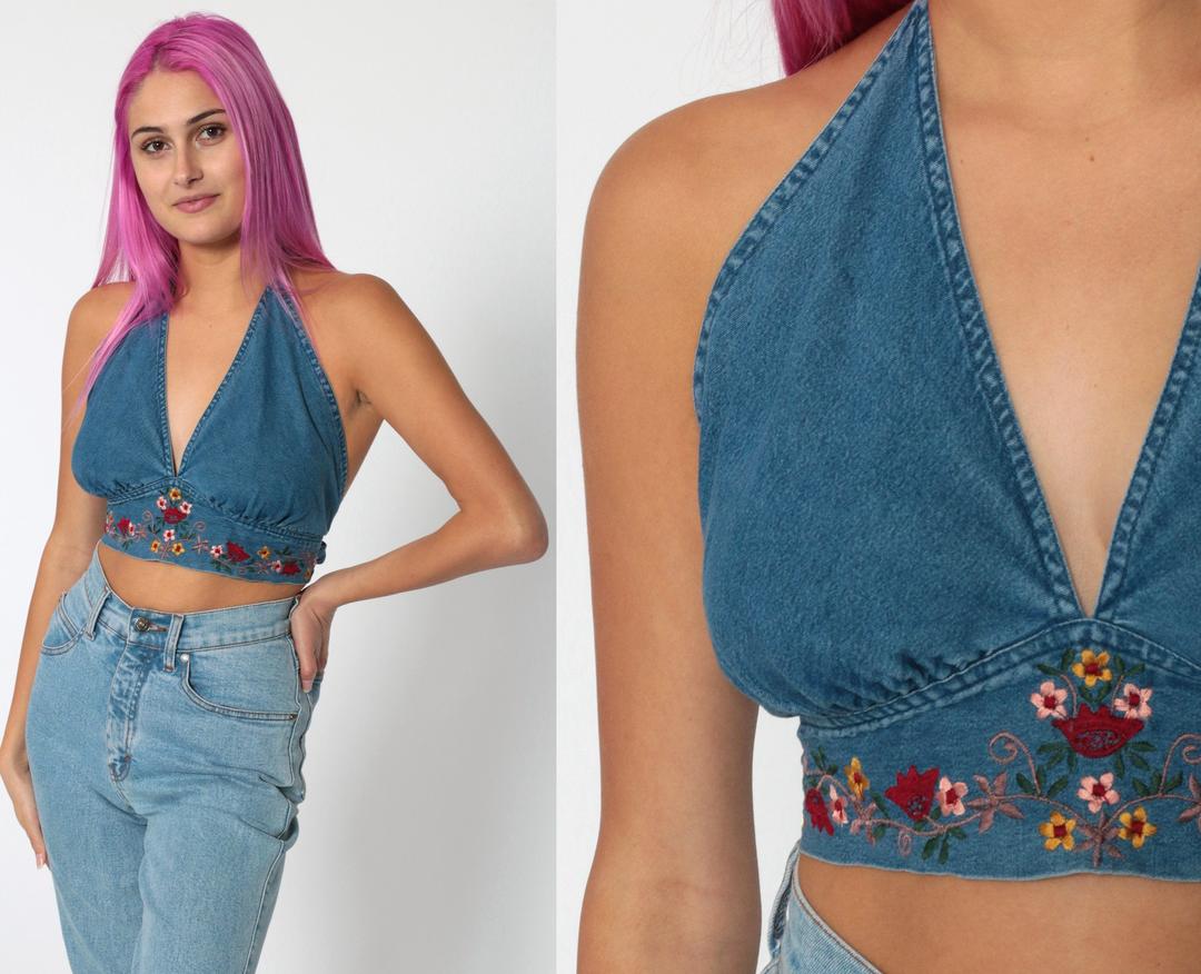 Denim Halter Top Embroidered Shirt Vintage 90s Tank Jean Floral Shop