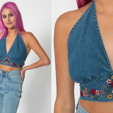 Denim Halter Top Embroidered Shirt Vintage 90s Tank Jean Floral Crop Top Deep V Neck Cropped Jean Shirt Summer Backless Blouse Medium 