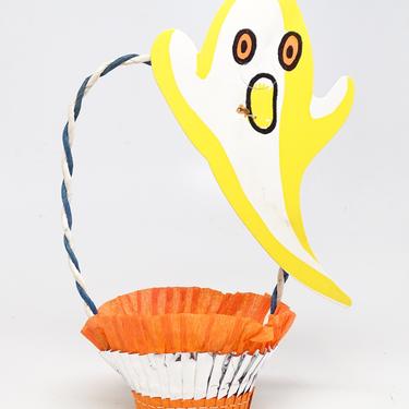 Vintage Jack-o-lantern Halloween Party Favor Basket with Diecut Ghost, Orange Crepe Paper Candy Container 