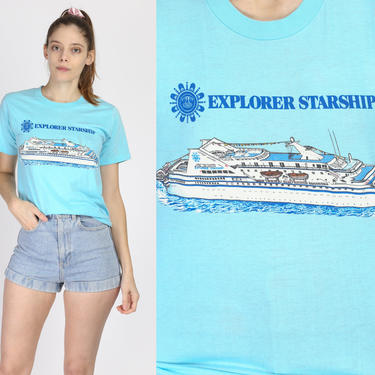 80s Explorer Starship Cruise Ship Tee - Small to Medium | Vintage Blue Graphic T Shirt 
