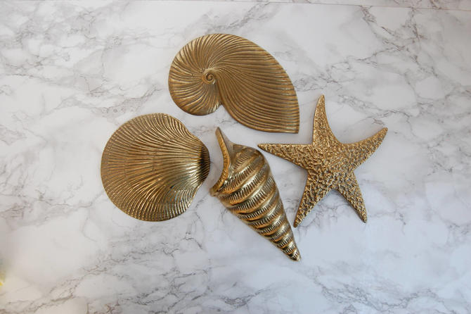 Brass Shells - Vintage Brass Seashell Wall Decor - Coastal