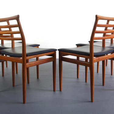 Danish Modern Erling Torvits Dining Chairs in Teak w/ Black Leather Seats - A Set of 6, Denmark 