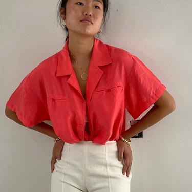 90s silk pocket shirt / vintage coral salmon silk oversized tissue thin short sleeve sandwashed silk shirt blouse | L XL 