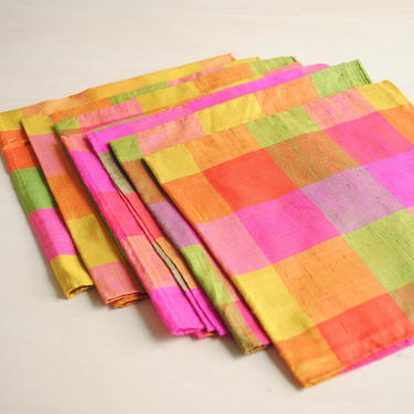 Vintage Colorful Thai Silk Cloth Napkins, Set of 8 Napkins, Pink, Yellow, Green, and Orange Napkin Set, 17.5&amp;quot; Square Napkins, Summer Napkins 