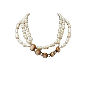 Vintage Cameo Choker Necklace with Freshwater Pearls - Fine Vintage Costume Jewelry 