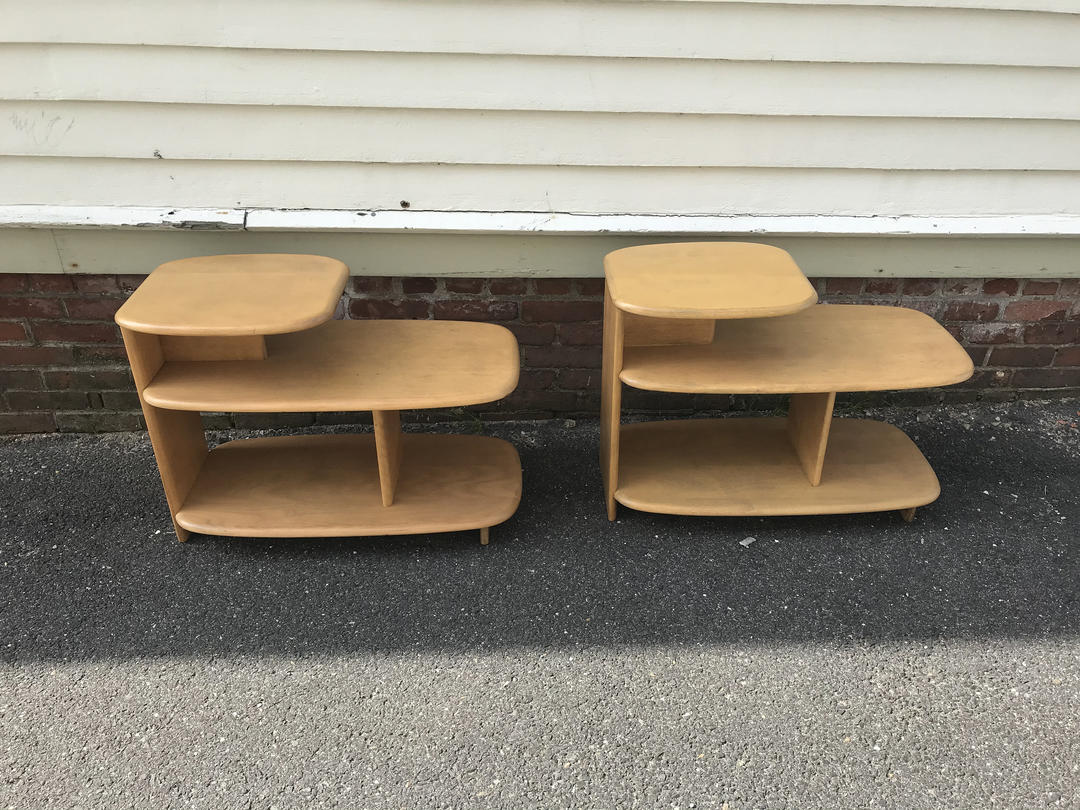 Pair Heywood Wakefield Surfboard 3 tier end tables C3753G Quaboag Valley Antiques Palmer, MA
