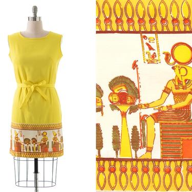 Vintage 1960s Shift Dress | 60s Egyptian Novelty Border Print Canary Yellow Cotton Sundress (medium/large) 