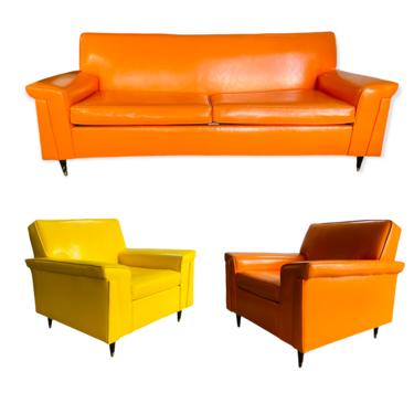 Retro 1970’s Orange Sofa &amp; Two Club Chairs
