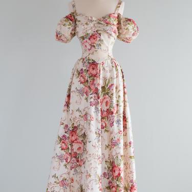 Romantic 1930's Bucolic Floral Print Cotton Maxi Dress By Dansant Originals / Waist 26