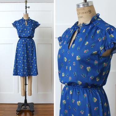 vintage 1970s boho dress • brightest blue small floral print dress with puff sleeves 