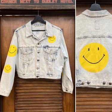 Vintage 1980’s “Smiley Face” Acid Wash Cropped Denim Trucker Jacket, 80’s Painted Jacket, Vintage Jean Jacket, Vintage Clothing 