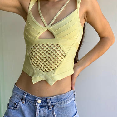 Herve Leger Yellow Cut Out Bandage Crop Top 
