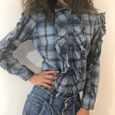 Vintage Red Valentino Blue Cotton Plaid Shirt 