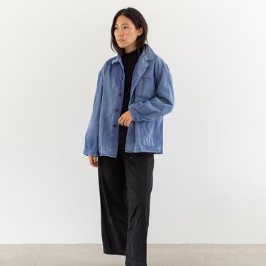 Vintage Blue Chore Jacket | Sun Fade Unisex Herringbone Twill Cotton Utility Work Coat | L | FJ003 