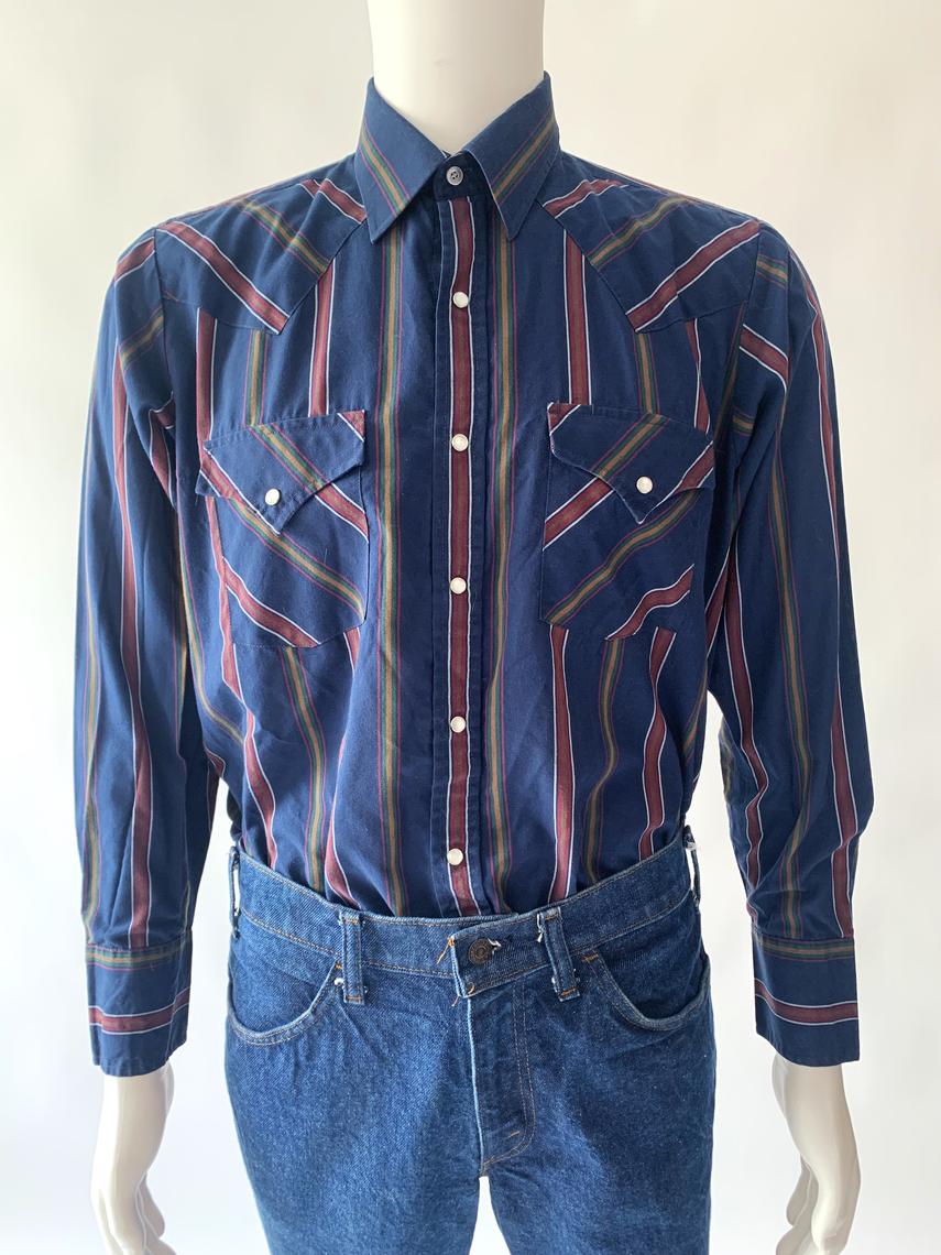 Navy Striped Long Sleeve Pearl Snap Shirt | Prototype Vintage | Austin, TX