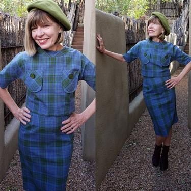 1960s Blue Plaid Cotton Print Skirt Suit 60s Cropped Half RareJule Vintage Chicago IL