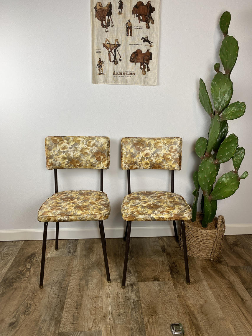 Vintage Set of 2 Golden Floral Vinyl Kitchen Chairs | Desert Cactus ...