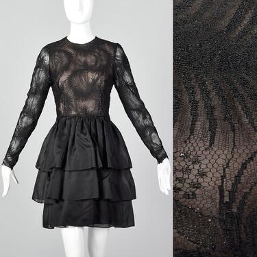 XXS Hanae Mori Lace Ruffle Dress Sheer Illusion Vintage Dress Top Black Long Sleeve Lightweight 1980s 