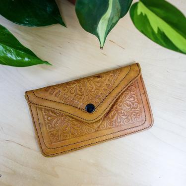Vintage handmade tooled leather 2 pocket pouch 8&quot; small purse or wallet in soft tan leather with snap & zipper, cell phone, coin, makeup bag 