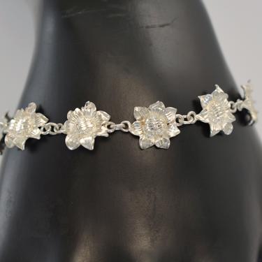 80's 925 M sunflower links boho flower child bracelet, diamond cut artisan made sterling silver floral hippie bracelet 