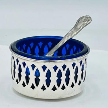 Vintage BSC Cobalt Blue and Silver-plate  Salt Bowl. 2 1/2&amp;quot; Diameter Wonderful Condition 