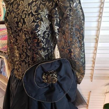 Vintage 80s Party Dress Black/Gold Avant Garde FUN  Puffy Sleeve Drop Waist Asymmetrical  sz M Deep V BAck 