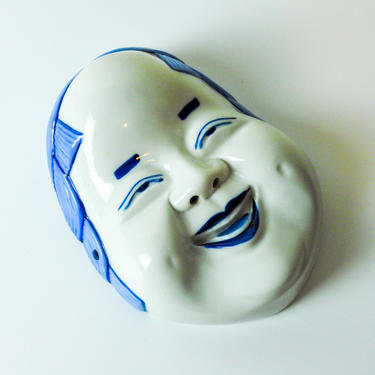 Blue and White Porcelain Chinoiserie Mask / Blue White Ceramic Asian Mask 
