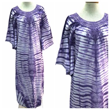 Vintage VTG 1970s 70s Purple Tie Dye Caftan Maxi Dress 