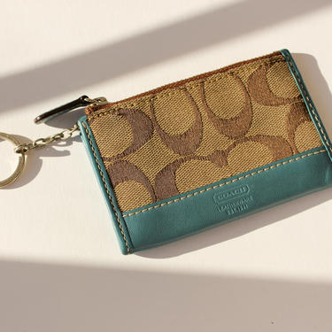 Vintage Coach Turquoise Leather Jacquard Signature Monogram Zip