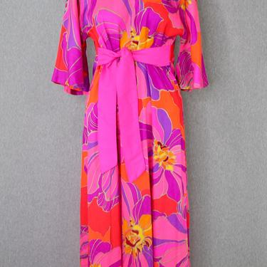 1970s Floral Hawaiian Maxi by Two Potato - Neon Pink - Resort Wear - Beach Dress - Size S 