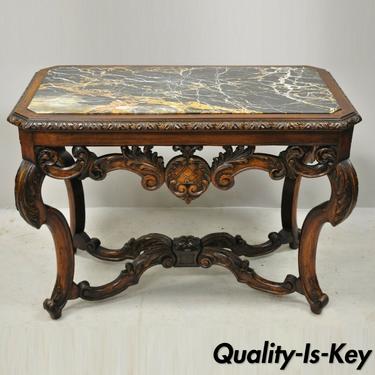 Antique French Louis XV Baroque Carved Walnut Marble Top Small Coffee Table