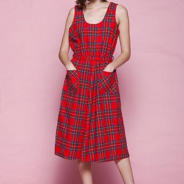 plaid pocket dress red tartan wool belted sleeveless midi vintage 70s MEDIUM LARGE M L 