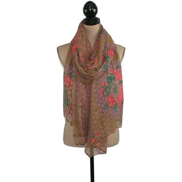 Embroidered Chiffon Long Scarf, Printed Shawl Wrap, Ethnic Sari or Dupatta Brown Floral Coral Teal & Purple, Vintage Accessories for Women 