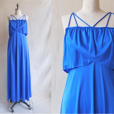 Vintage 70s Cobalt Blue Maxi Dress/ 1970s Greecian Draped Spaghetti Strap Column Dress/Electric Blue/ Size Medium 