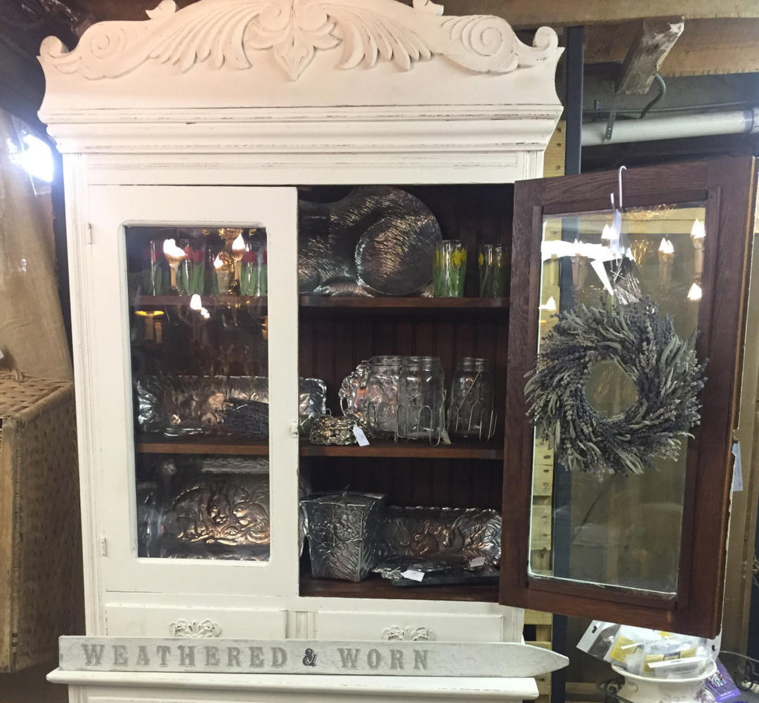 Antique Oak Hutch Cupboard Pie Safe Painted White Original Wavy