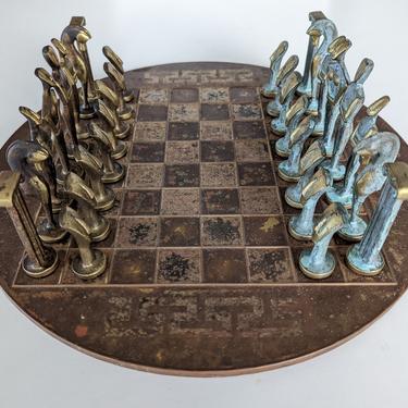 Vintage Greek Cyclades Bronze Chess Set and Board 