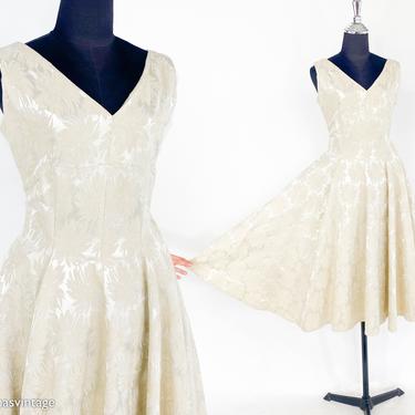 1950s Beige Brocade Cocktail Dress | 50s Creme Daisy Pattern Dress | Medium 