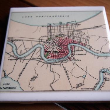 1922 New Orleans Louisiana Vintage City Map Coaster - Ceramic Tile - Repurposed 1920s Times Atlas - Lake Pontchartrain Mississippi River 