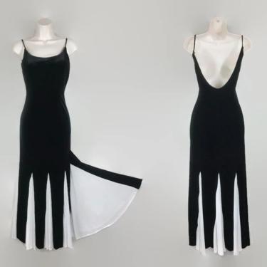 VINTAGE 90s Dramatic Velvet Evening Gown Black & White Fluted Mermaid Hem | 1990s Cruella Cocktail Wiggle Dress |  Short Torso Petite XS 