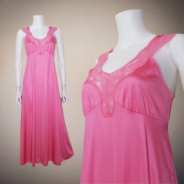 Vintage Pink Nightgown, Medium / Vintage Lingerie / Lace Bust Nightgown / Long Flared Nylon Nightgown / Sexy Valentines Day Lingerie 