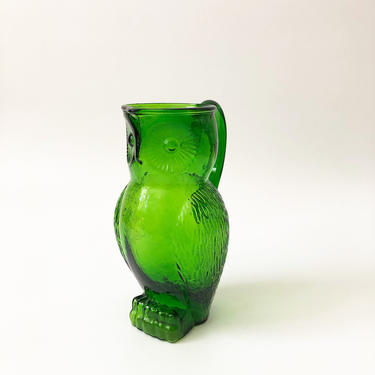 Mid Century Green Glass Owl Pitcher 