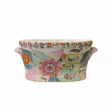 Porcelain Canton Pink Mix Color Flower Birds Graphic Oval Pot ws1751E 