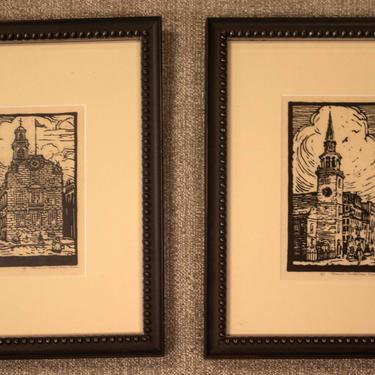 Antique Art Deco Framed Florence Bradshaw Brown Pair of Woodblock Prints Signed 