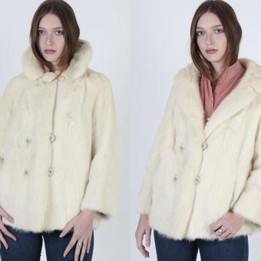 Womens Mink Coat / Blonde Double Breasted Jacket / Real Fur Plush Cream Opera Overcoat / Luxurious Platinum 60s Stroller Swing Jacket 