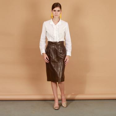70s Chocolate Brown High Waisted Leather Skirt Vintage Soft Leather Pencil Skirt 