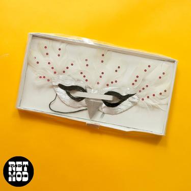 Beautiful Vintage 50s 60s White Feather Silver Bird Mask with Sequins in Original Box b 