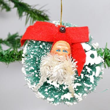 Vintage Sisal Bottle Brush Wreath Ornament with Santa Head, Retro Christmas Decor 