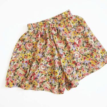 Vintage 90s Floral Shorts S M - 1990s Elastic Waist Long Shorts - Flowy Colorful Casual Shorts - Grunge Shorts - 90s Clothing 